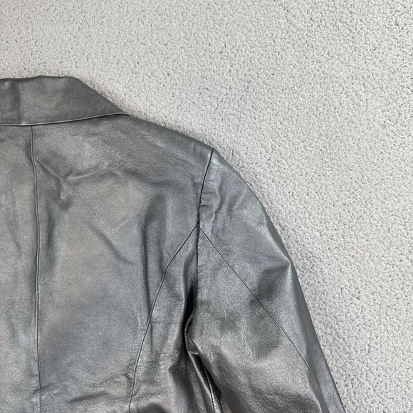 Terry Lewis Leather Blazer Jacket Women Medium Silver 3 Button Lined Luxury Coat - Picture 16 of 16